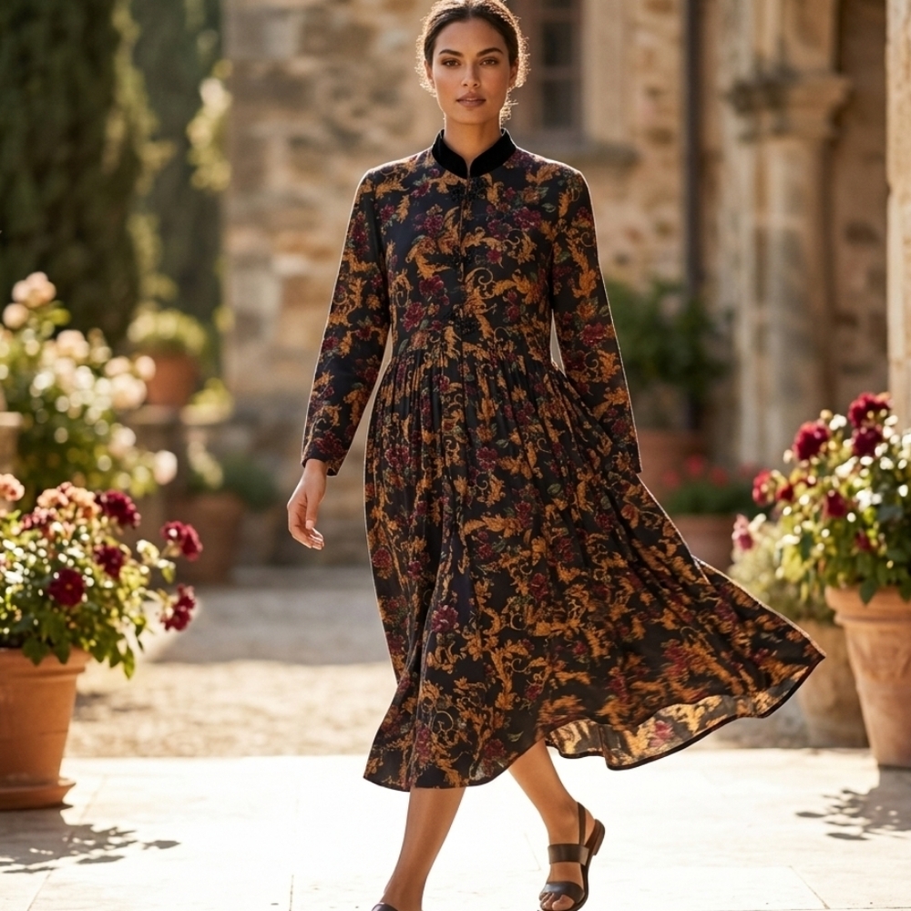 Vtg Sunshine Starshine Whimsigoth Floral Rayon Maxi Dress Velvet Frog Closure 12